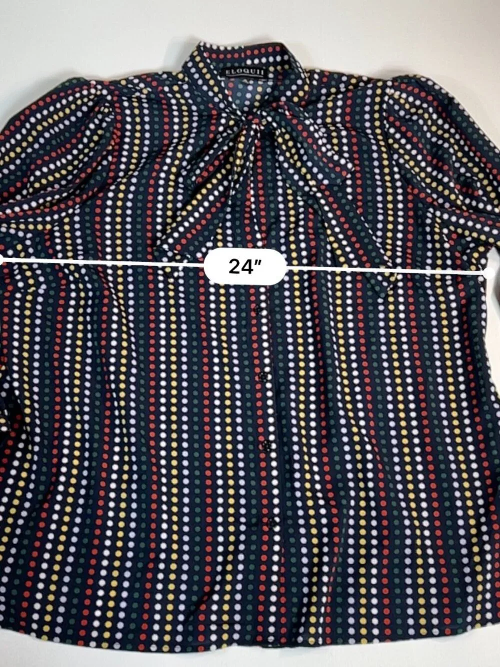 Eloquii Size 20 Navy Multicolor Polka Dot Tie Neck Puff Sleeve Blouse - Picture 8 of 10